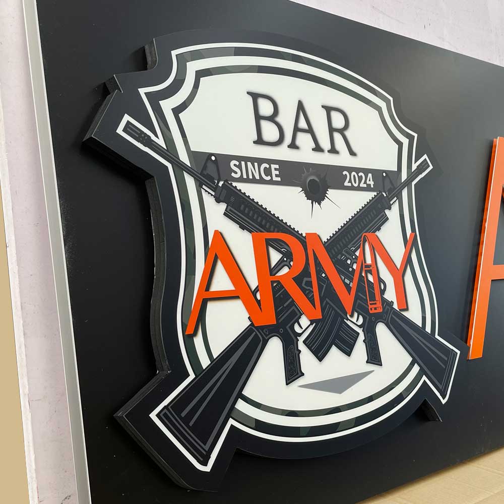BAR ARMY様 Girls Bar ガールズバーのかっこいいLED看板 ダイアモンドバック ブラックのベースボードにオレンジの浮かし文字とLEDがおしゃれなデザイン 壁面看板 ファサードサイン ロゴ部分は内照式 04