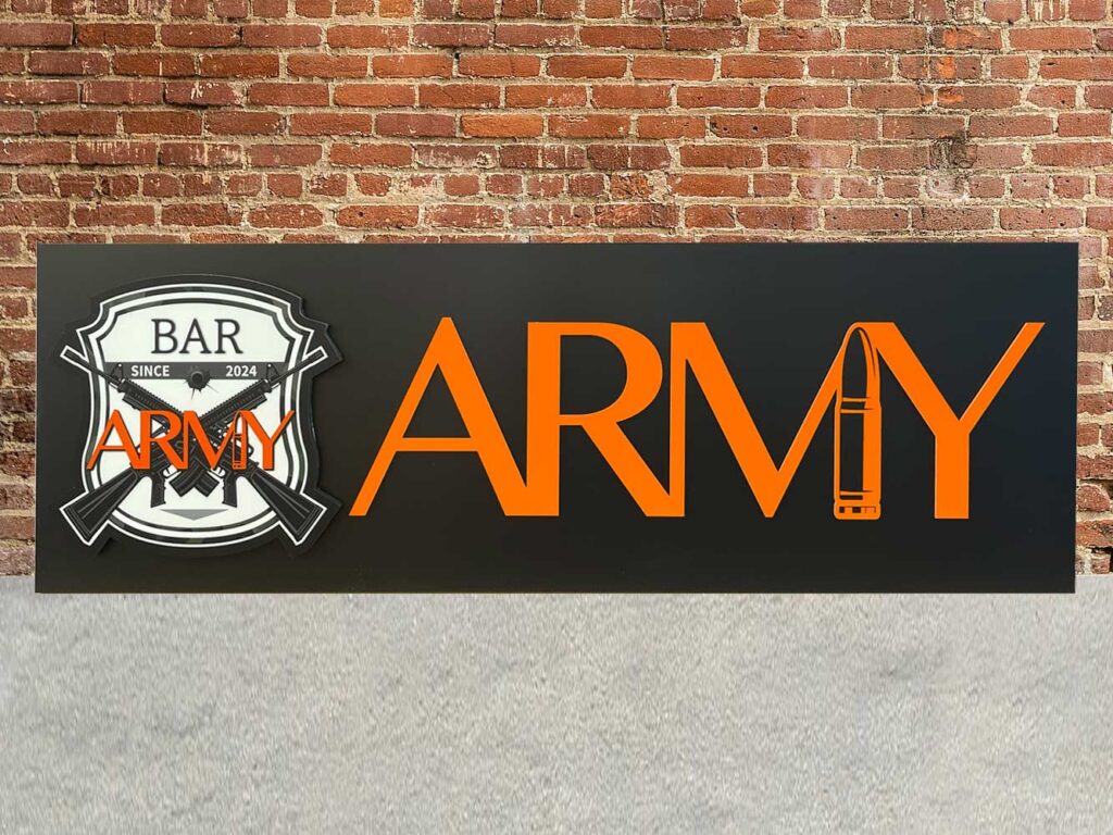 BAR ARMY様 Girls Bar ガールズバーのかっこいいLED看板 ダイアモンドバック ブラックのベースボードにオレンジの浮かし文字とLEDがおしゃれなデザイン 壁面看板 ファサードサイン ロゴ部分は内照式 05